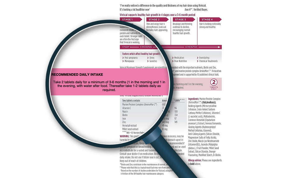 A magnifying glass zooming on the Recommended Daily Intake on a Viviscal instructional pamphlet